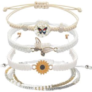 DS 4PCS String beads Charm Bracelets for Teen Girls Dainty cute cartoon Butterfly Daisy Eternal flower Beads Bracelets set for woman and girls Adjustable Stretch bracelet birthday Gift For Friends(Color-9)