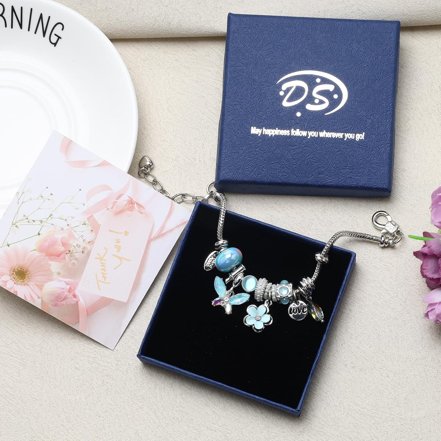 image:imageDS Charm Bracelets for Girls Adjustable Silver Stainless Steel Gift BoxSilverBlue Butterfly