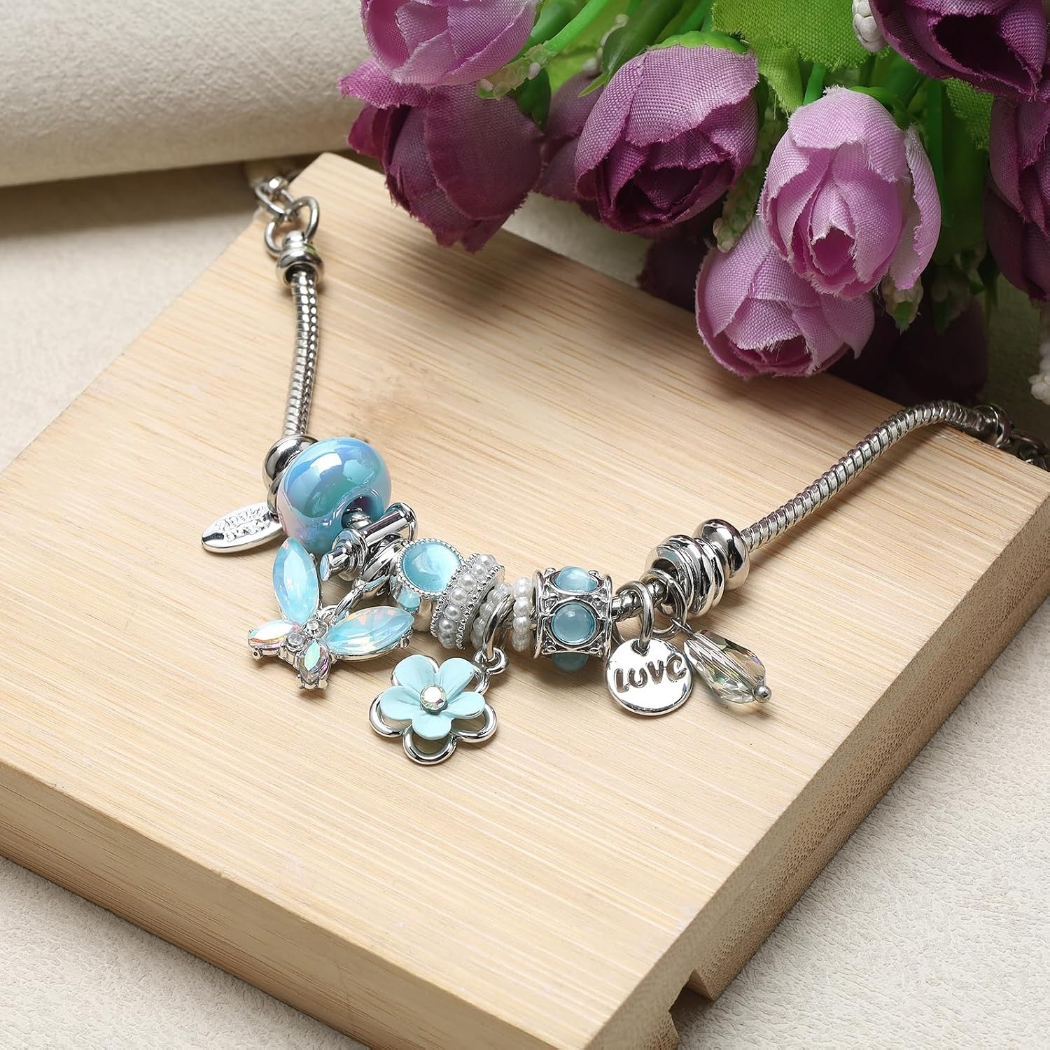 image:imageDS Charm Bracelets for Girls Adjustable Silver Stainless Steel Gift BoxSilverBlue Butterfly