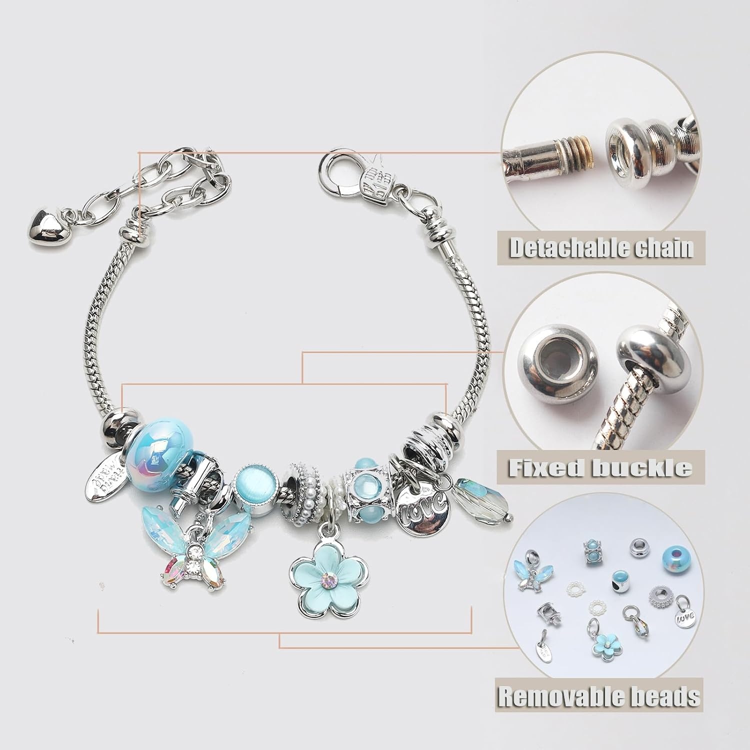 image:imageDS Charm Bracelets for Girls Adjustable Silver Stainless Steel Gift BoxSilverBlue Butterfly