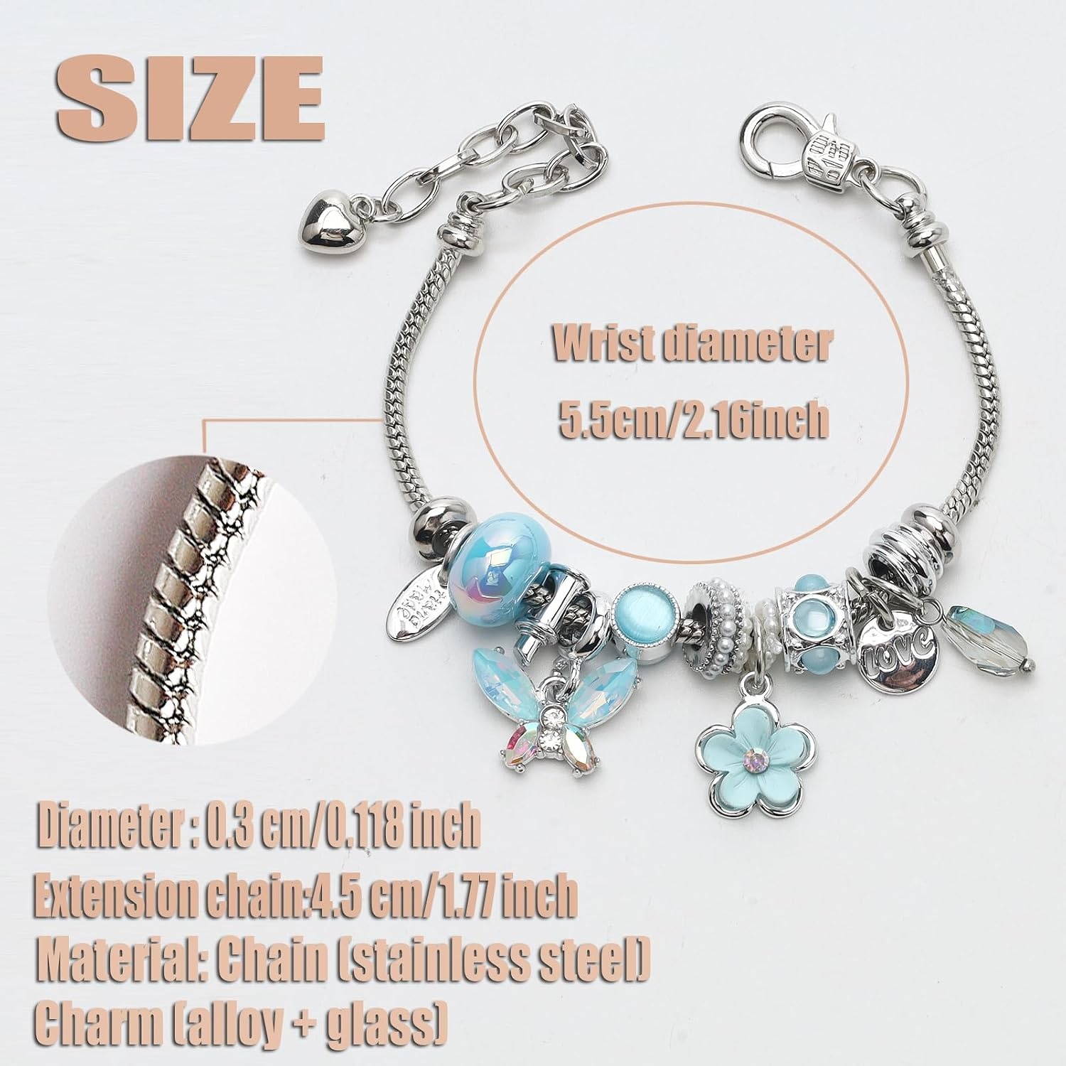 image:imageDS Charm Bracelets for Girls Adjustable Silver Stainless Steel Gift BoxSilverBlue Butterfly