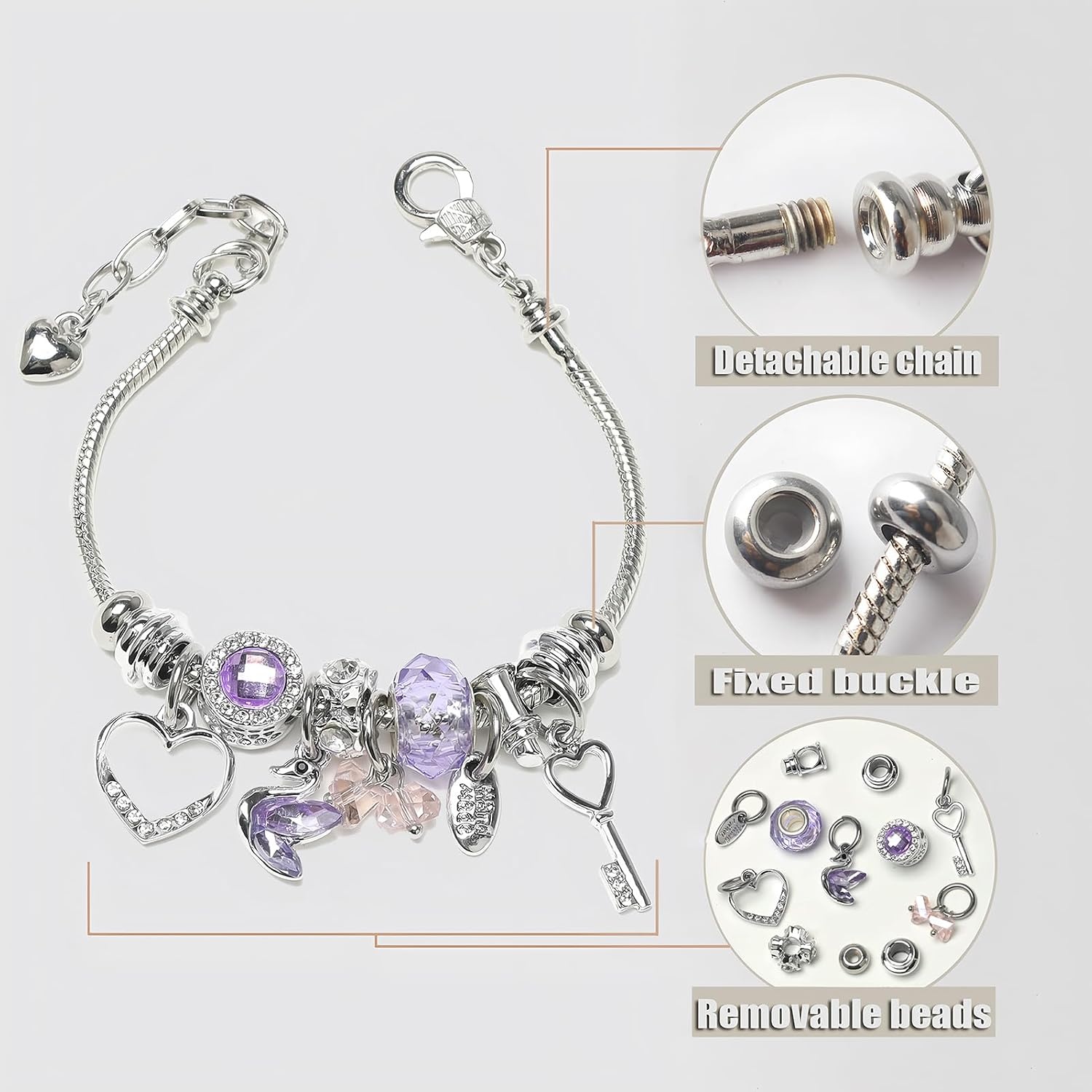 image:imageDS Charm Bracelets for Girls Adjustable Silver Stainless Steel Gift BoxSilverSwan