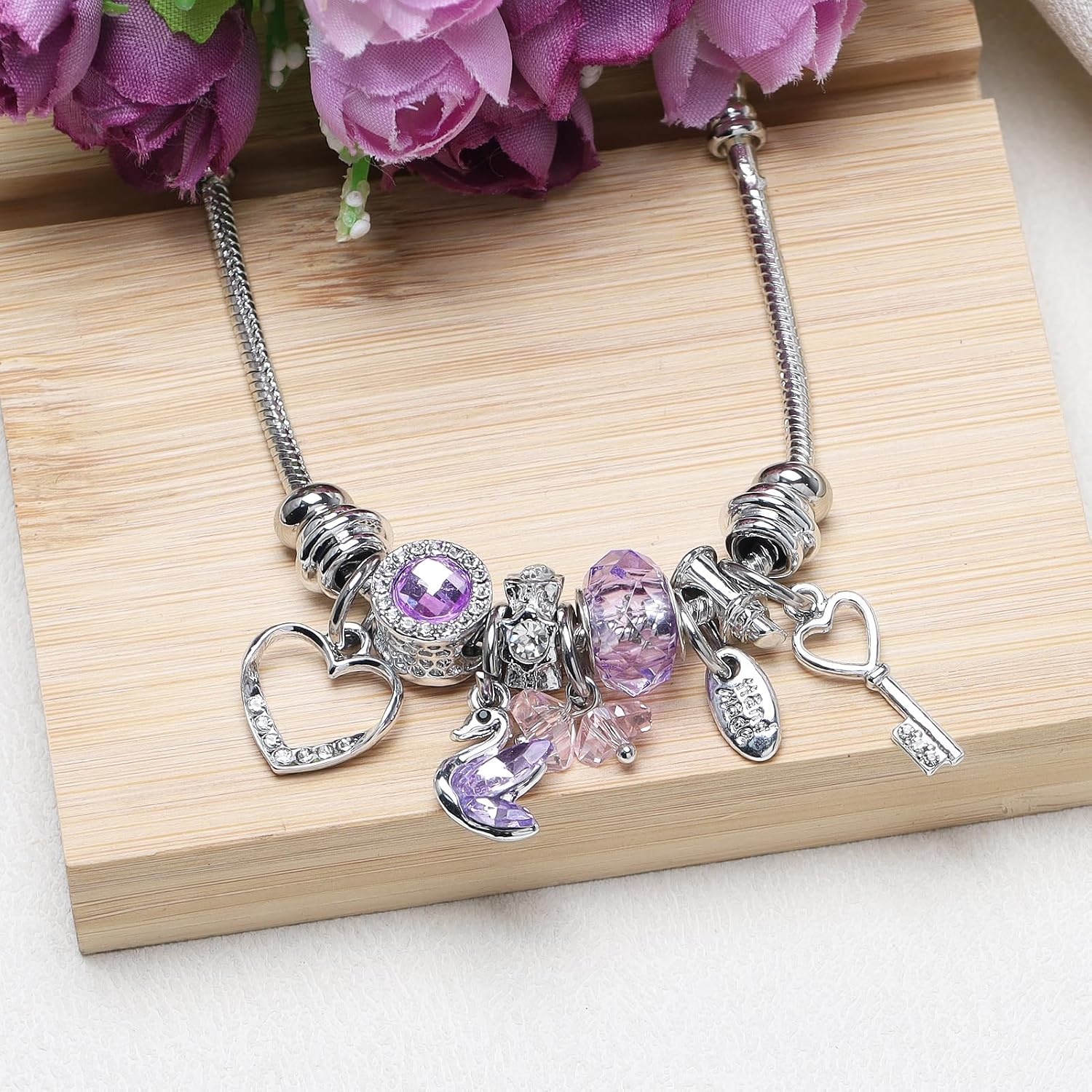image:imageDS Charm Bracelets for Girls Adjustable Silver Stainless Steel Gift BoxSilverSwan