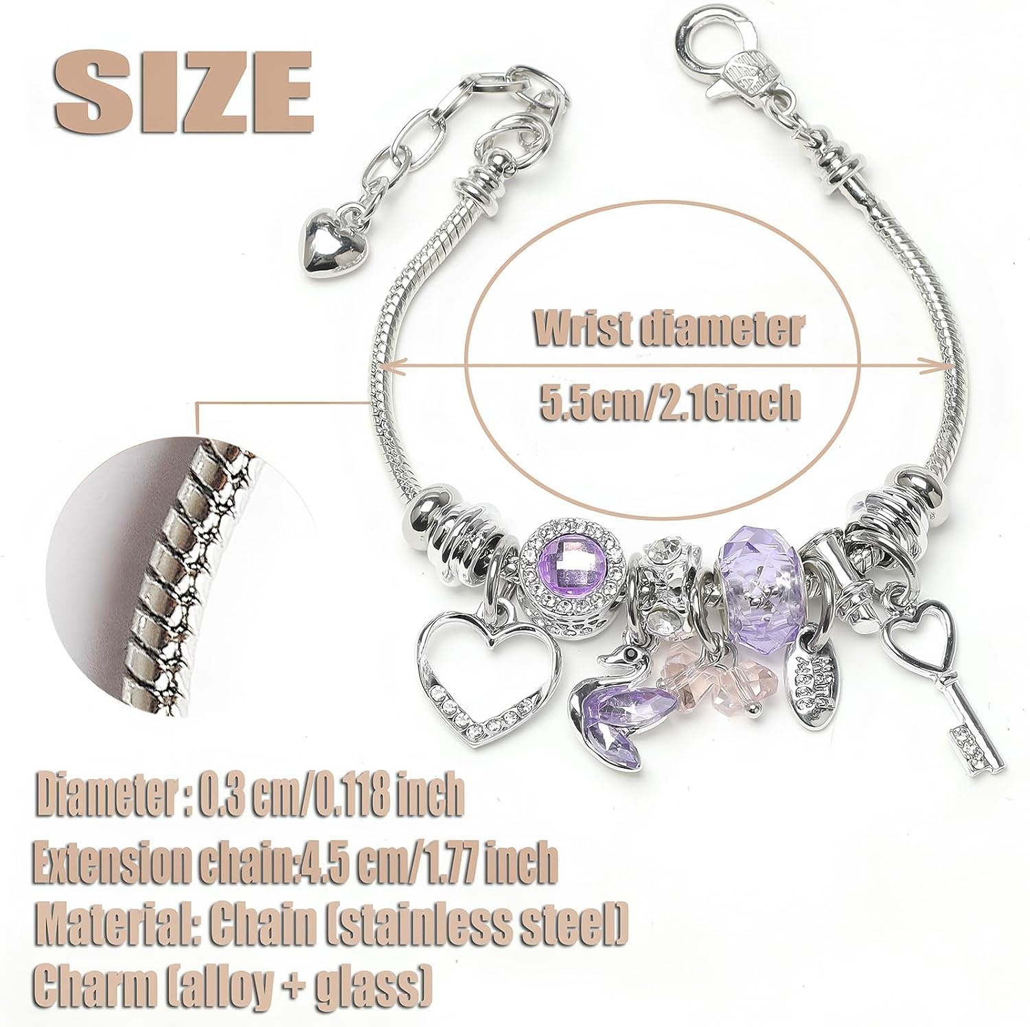 image:imageDS Charm Bracelets for Girls Adjustable Silver Stainless Steel Gift BoxSilverSwan