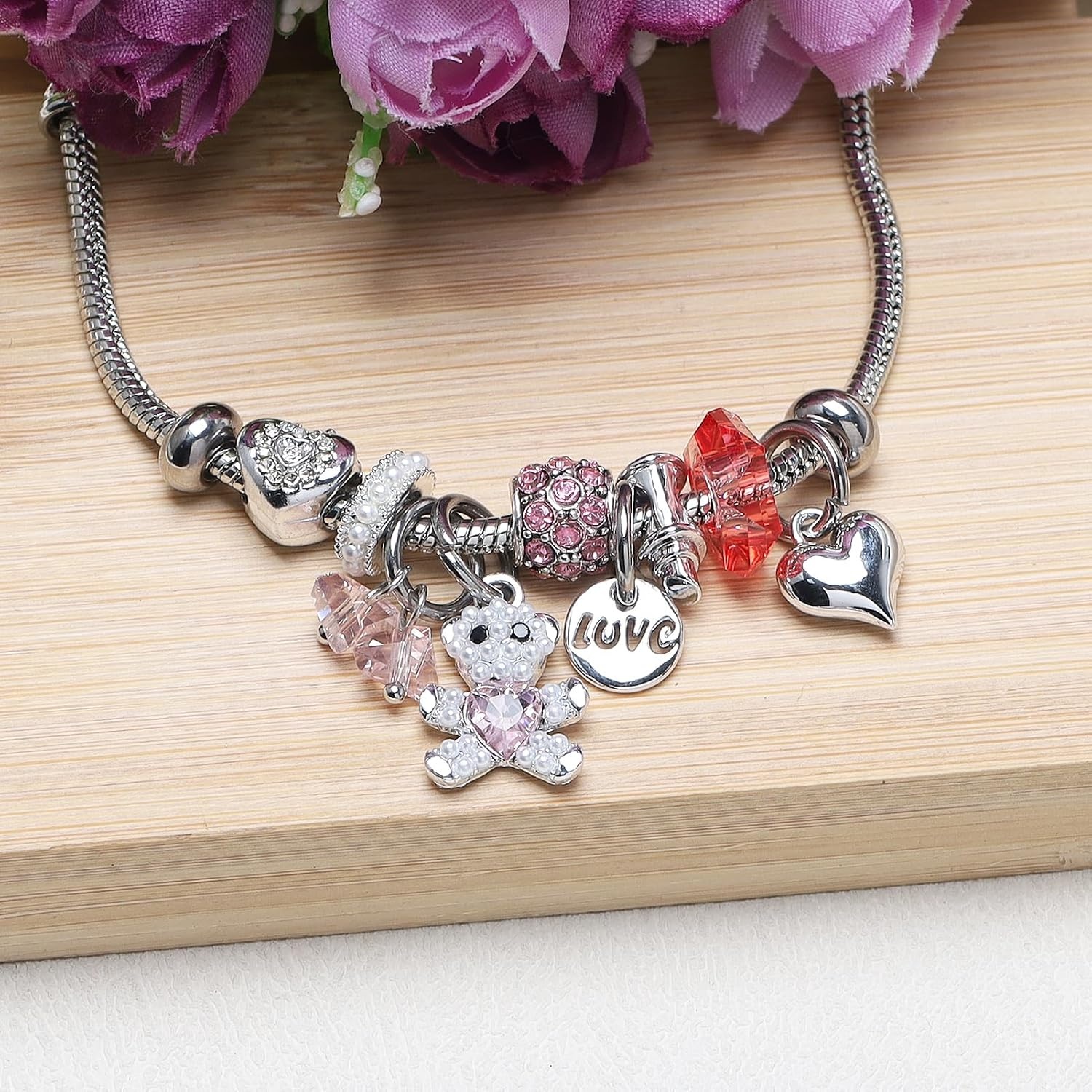 image:imageDS Charm Bracelets for Girls Adjustable Silver Stainless Steel Gift BoxSilverbear