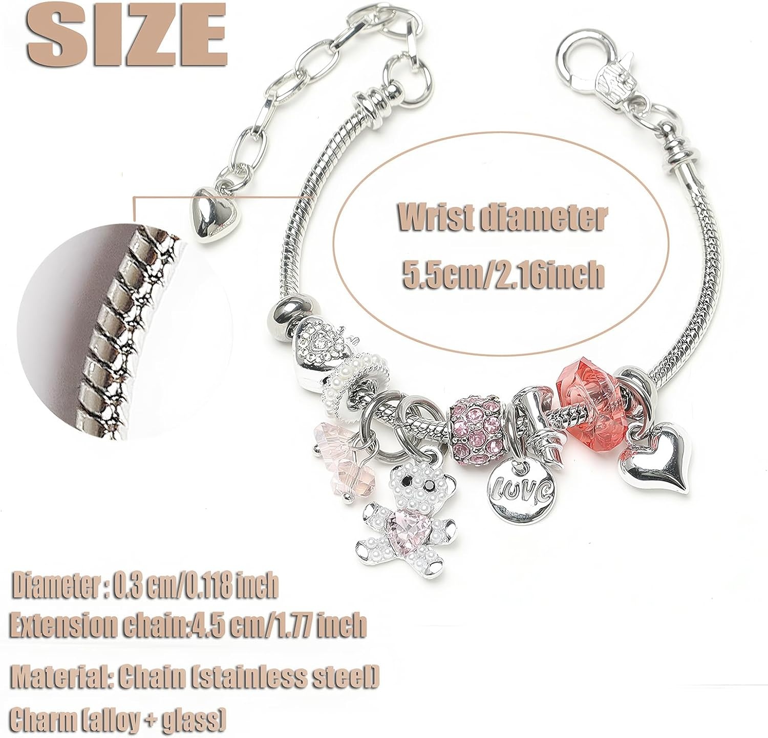 image:imageDS Charm Bracelets for Girls Adjustable Silver Stainless Steel Gift BoxSilverbear
