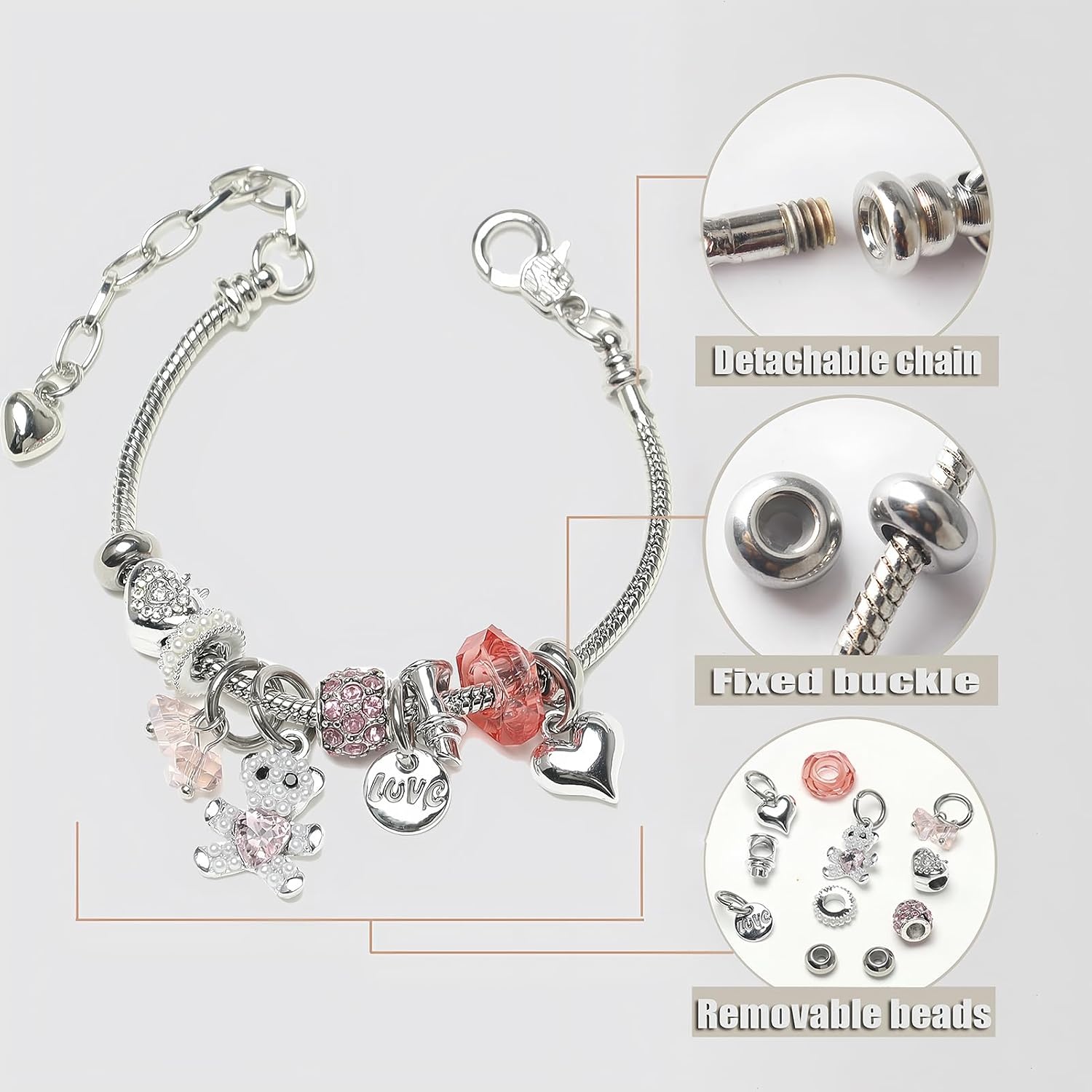 image:imageDS Charm Bracelets for Girls Adjustable Silver Stainless Steel Gift BoxSilverbear