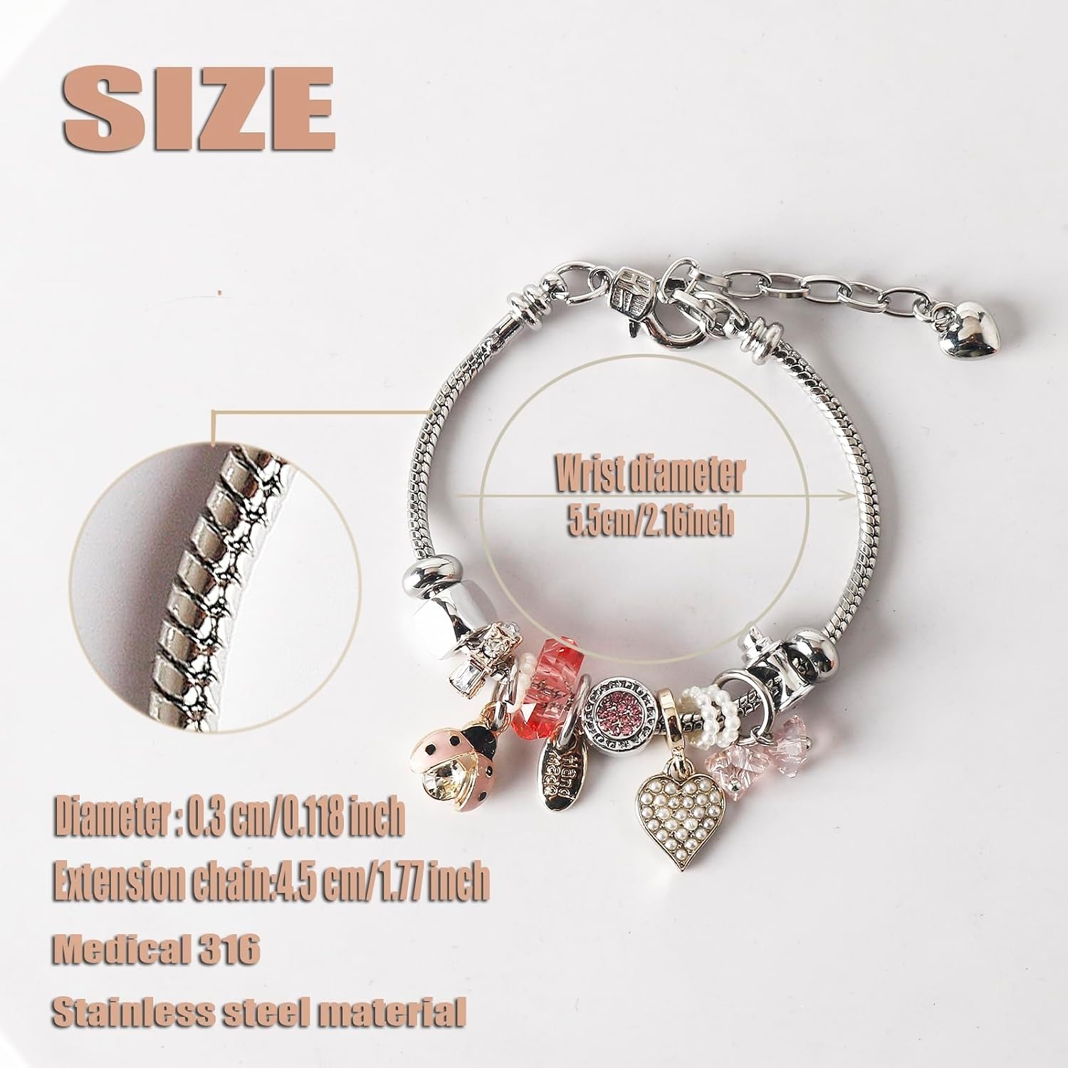image:imageDS Charm Bracelets for Girls Adjustable Silver Stainless Steel Gift BoxSilverbeetle