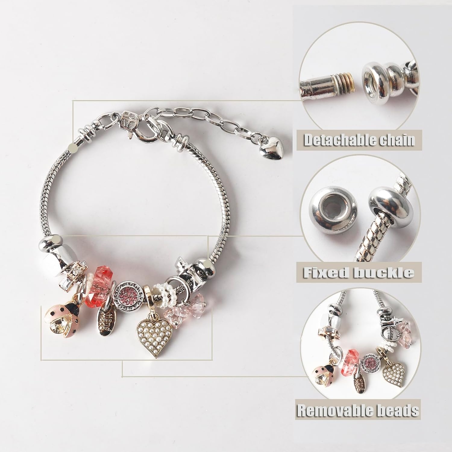 image:imageDS Charm Bracelets for Girls Adjustable Silver Stainless Steel Gift BoxSilverbeetle