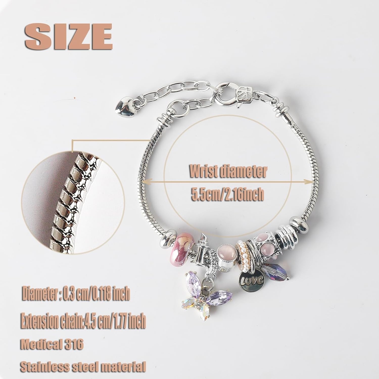 image:imageDS Charm Bracelets for Girls Adjustable Silver Stainless Steel Gift BoxSilverbutterfly