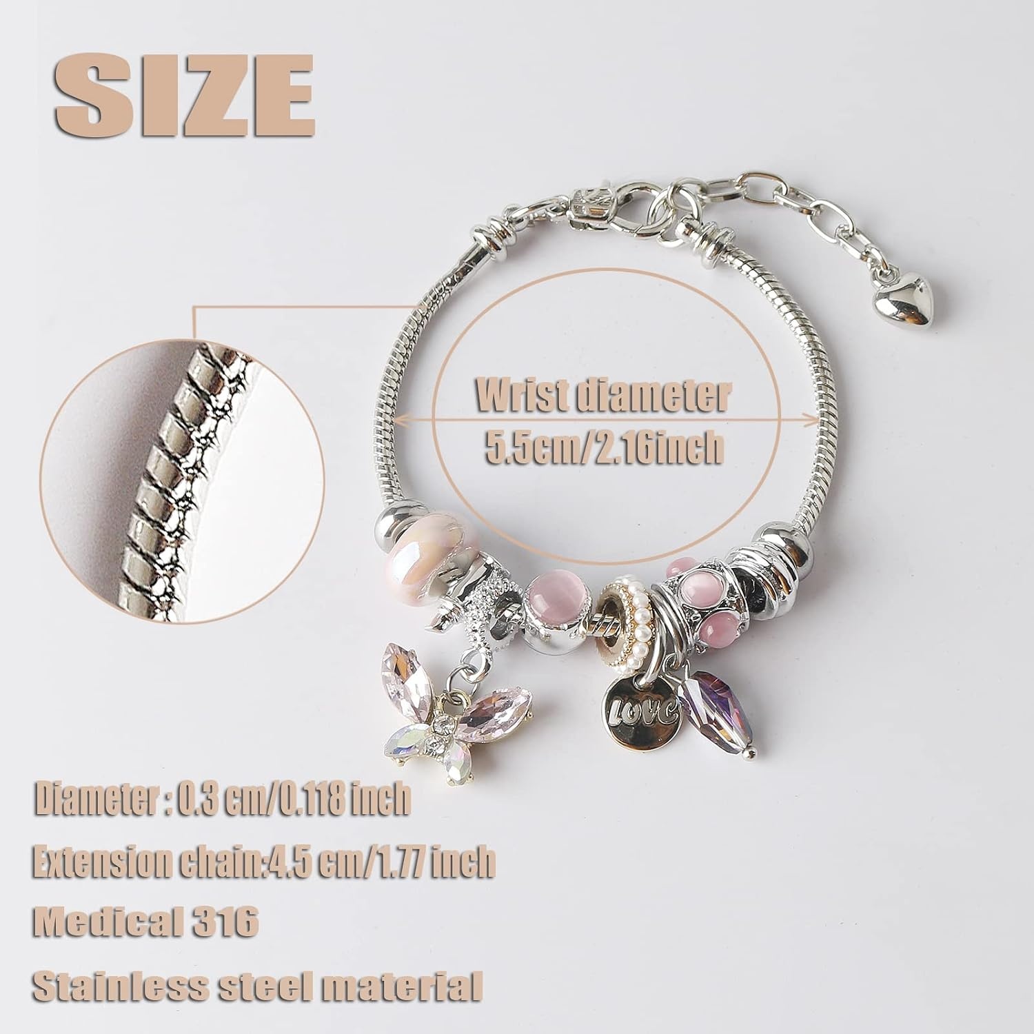 image:imageDS Charm Bracelets for Girls Adjustable Silver Stainless Steel Gift BoxSilverbutterfly3