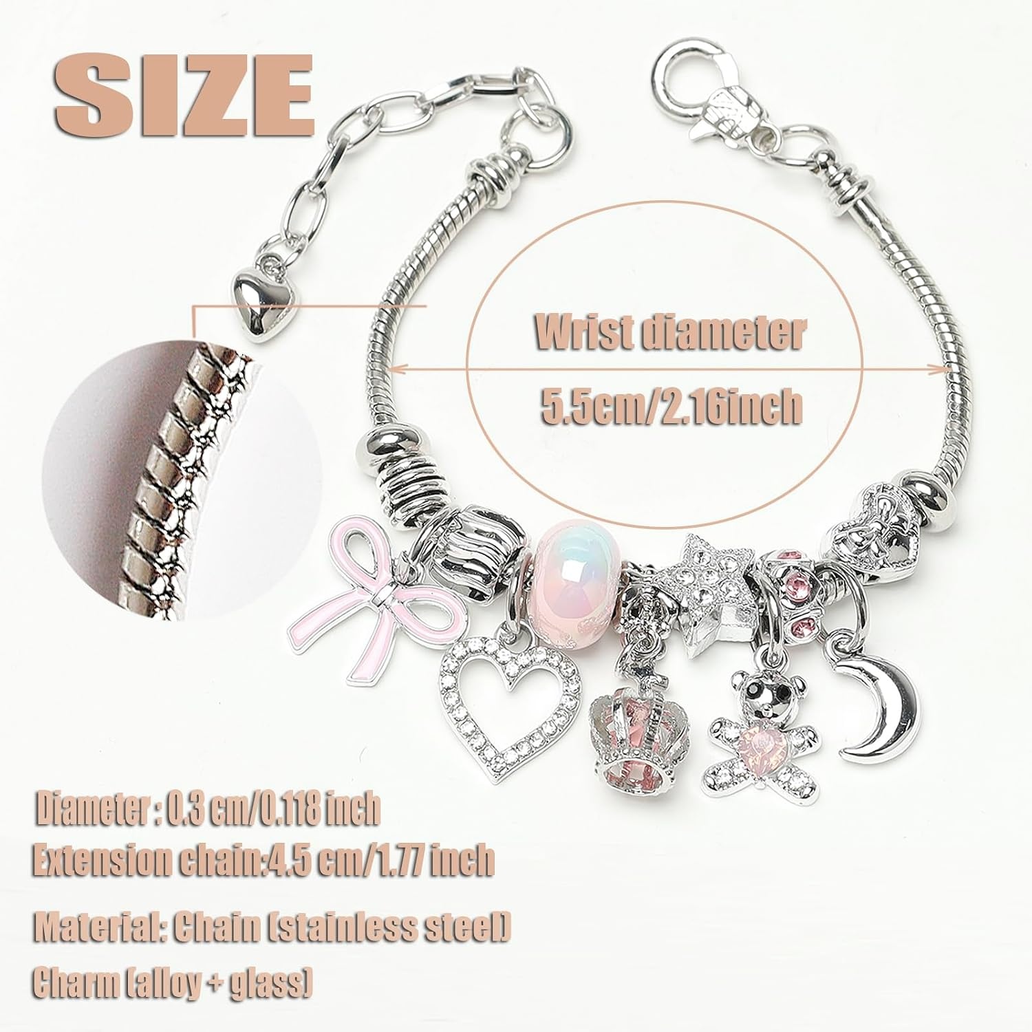 image:imageDS Charm Bracelets for Girls Adjustable Silver Stainless Steel Gift BoxSilvercrown