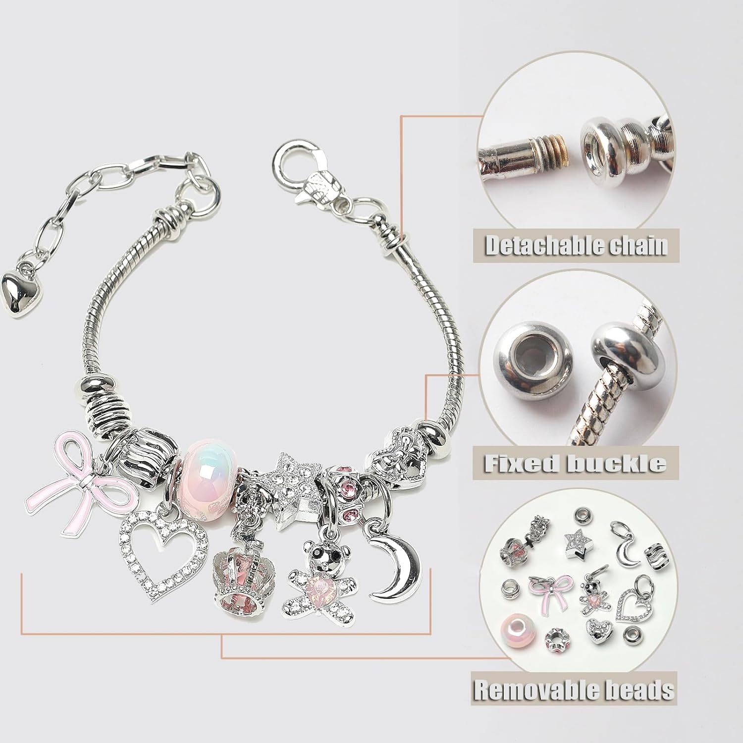 image:imageDS Charm Bracelets for Girls Adjustable Silver Stainless Steel Gift BoxSilvercrown