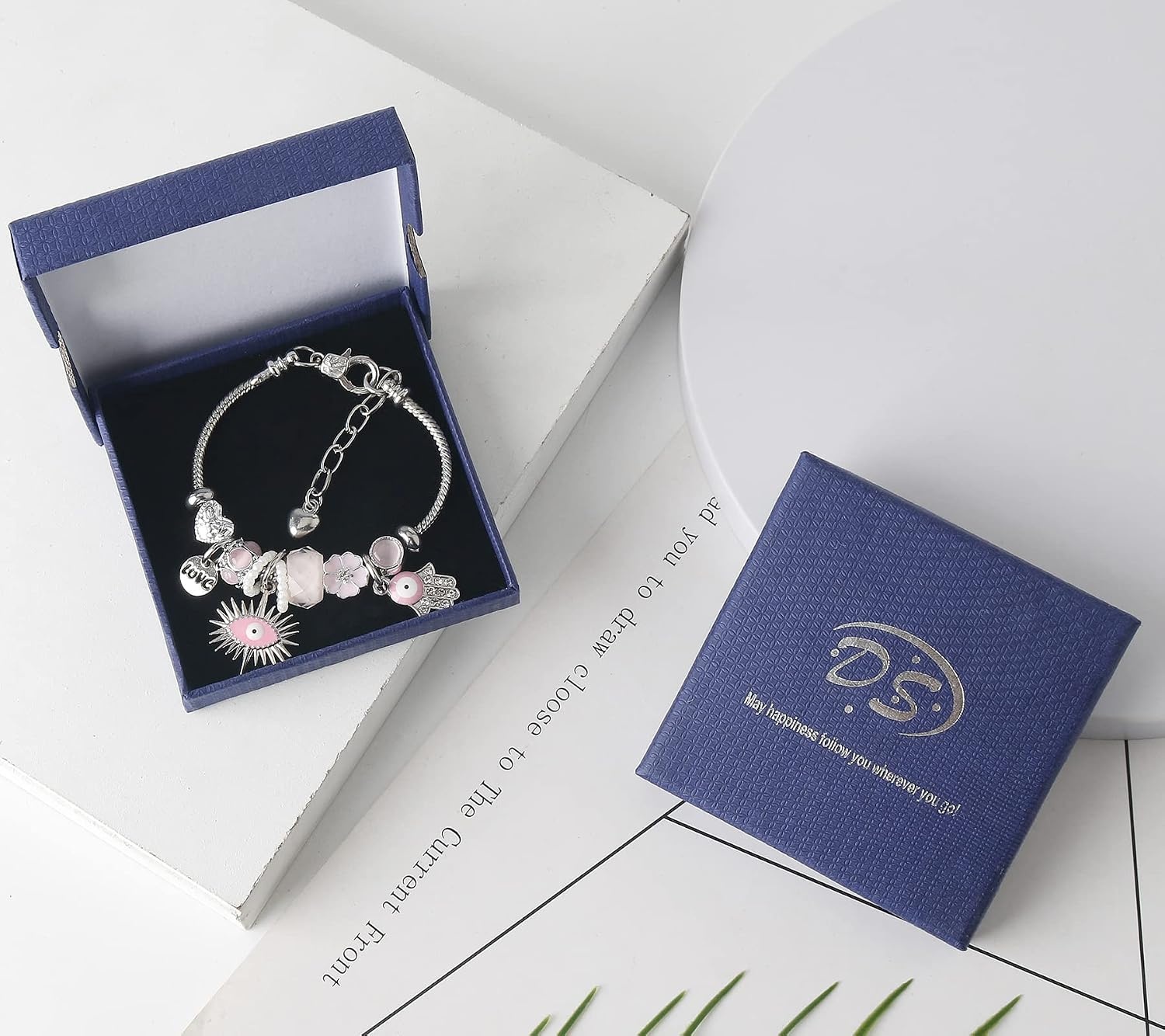image:imageDS Charm Bracelets for girlsexquisite cute cartoon friendship bracelets Stainless Steel Bangle with birthday Gift box Adjustable girls jewelry Suitable for holiday giftsPink Evil Eye