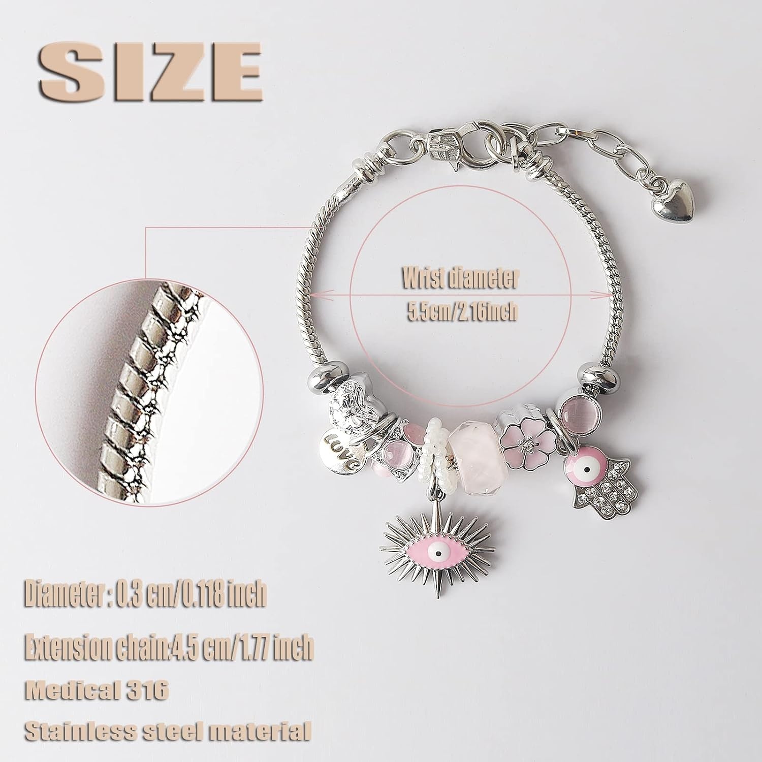 image:imageDS Charm Bracelets for girlsexquisite cute cartoon friendship bracelets Stainless Steel Bangle with birthday Gift box Adjustable girls jewelry Suitable for holiday giftsPink Evil Eye