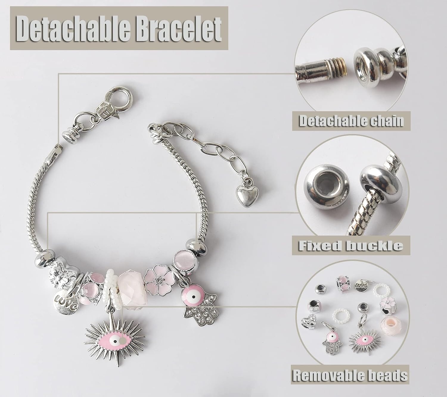 image:imageDS Charm Bracelets for girlsexquisite cute cartoon friendship bracelets Stainless Steel Bangle with birthday Gift box Adjustable girls jewelry Suitable for holiday giftsPink Evil Eye