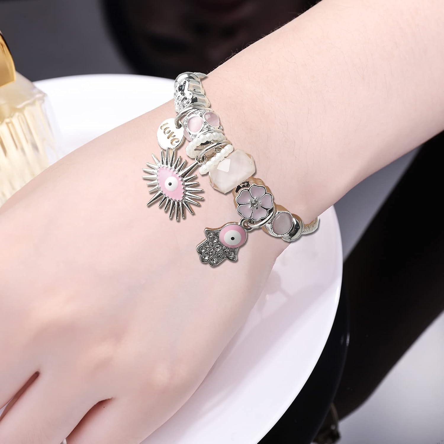 image:imageDS Charm Bracelets for girlsexquisite cute cartoon friendship bracelets Stainless Steel Bangle with birthday Gift box Adjustable girls jewelry Suitable for holiday giftsPink Evil Eye