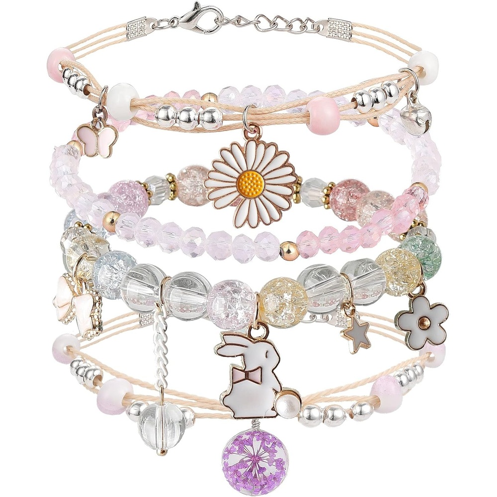 image:imageDS 4PCS Beaded Charm Bracelets for Teen Girls Dainty cute cartoon Crystal Beads Pearl Bracelets anklets set for woman and girls Adjustable Stretch bracelet birthday Gift For FriendsColor Rabbit