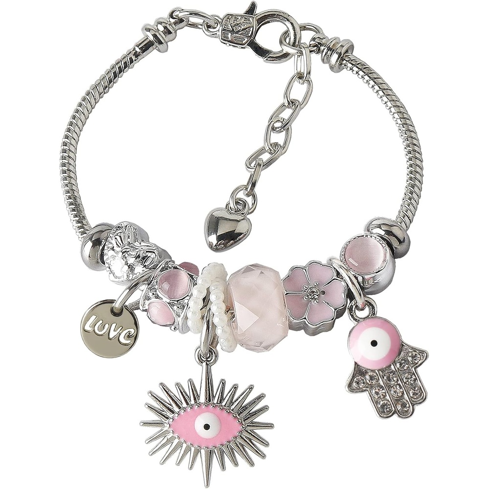 image:imageDS Charm Bracelets for girlsexquisite cute cartoon friendship bracelets Stainless Steel Bangle with birthday Gift box Adjustable girls jewelry Suitable for holiday giftsPink Evil Eye