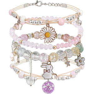 DS 4PCS Beaded Charm Bracelets for Teen Girls Dainty cute cartoon Crystal Beads Pearl Bracelets anklets set for woman and girls Adjustable Stretch bracelet birthday Gift For Friends-Color Rabbit