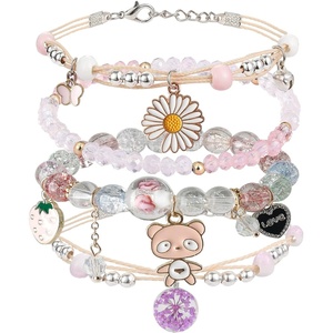 DS 4PCS Beaded Charm Bracelets for Teen Girls Dainty cute cartoon Crystal Beads Pearl Bracelets anklets set for woman and girls Adjustable Stretch bracelet birthday Gift For Friends-Color Bear